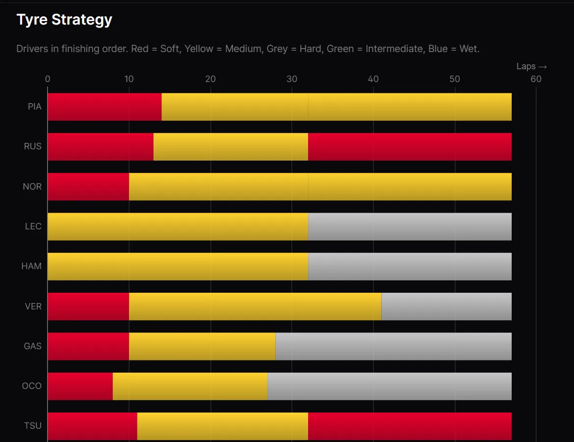 Tyre strategy chart showing each driver's stints by compound at the 2025 Bahrain Grand Prix